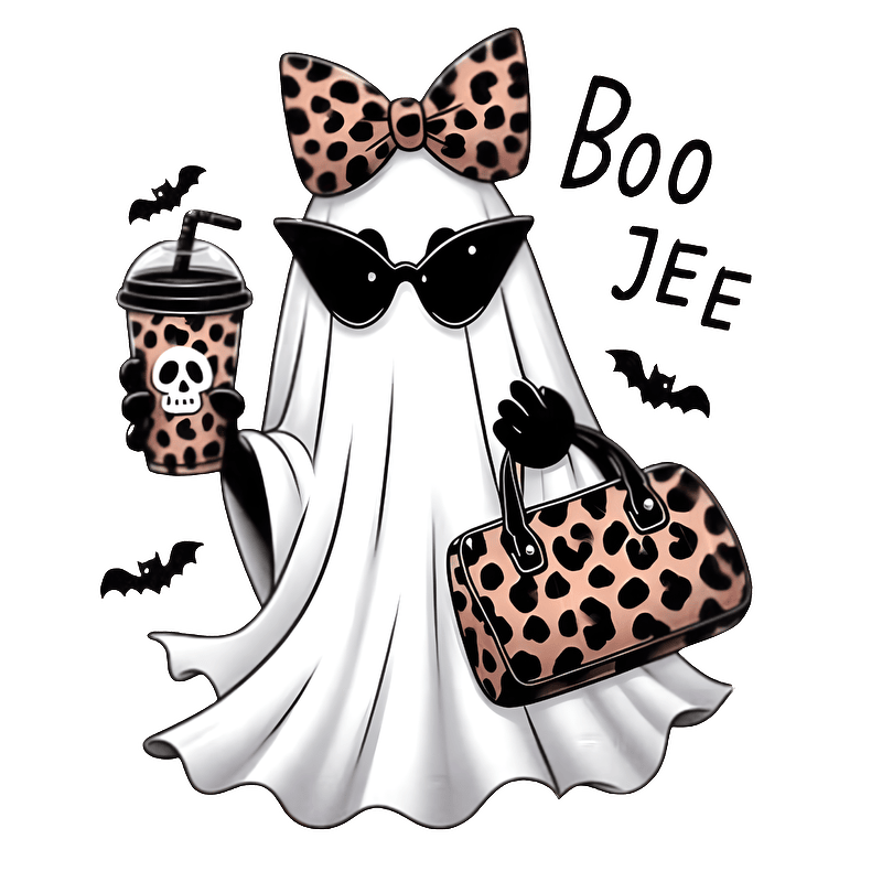 A stylish ghost holding a leopard print bag and drink, exuding chic vibes!DTF Transfers