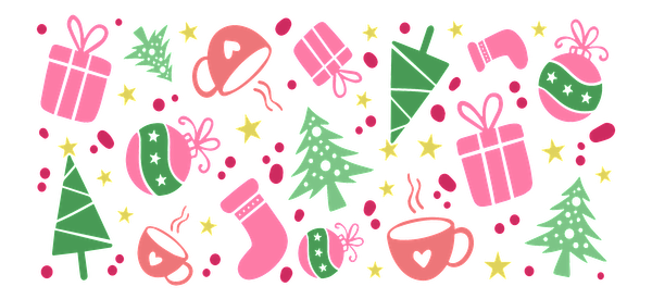 A vibrant collection of festive doodles featuring Christmas trees, gifts, cups of hot cocoa, and cheerful decorations in pink and green.UV Transfers dtf transfers