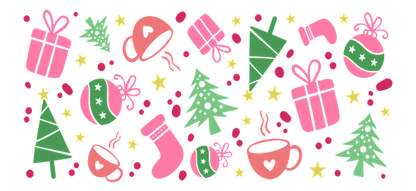 A vibrant collection of festive doodles featuring Christmas trees, gifts, cups of hot cocoa, and cheerful decorations in pink and green.UV Transfers dtf transfers