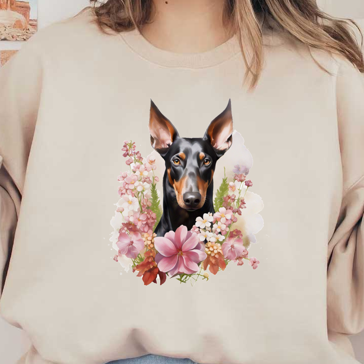 Un llamativo perro negro y fuego rodeado de un hermoso arreglo de flores de colores, mostrando un retrato vibrante y artístico.