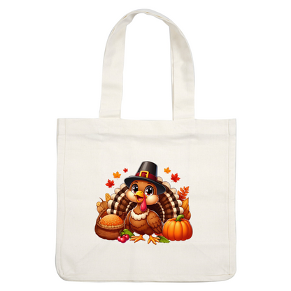 A cheerful cartoon turkey wearing a pilgrim hat, surrounded by autumn leaves, corn, a pumpkin, and cherries.dtf regular iron