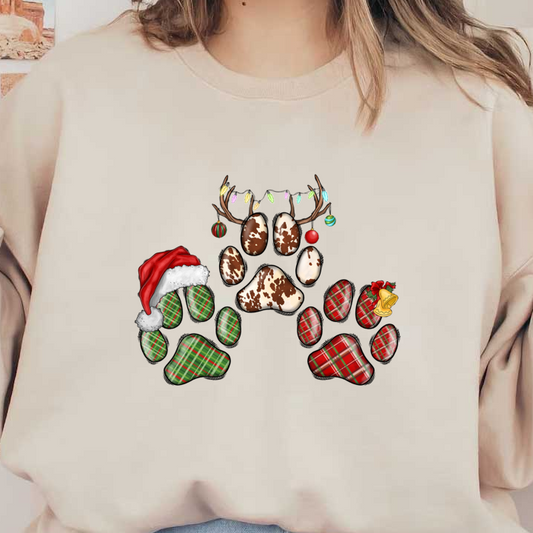 Festive paw prints adorned with a Santa hat, plaid patterns, and holiday decorations, perfect for celebrating the Christmas spirit!DTF Transfers dtf prints