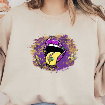 A vibrant and colorful illustration featuring sparkling purple lips and a gold tongue, adorned with playful fleur-de-lis motifs.DTF Transfers