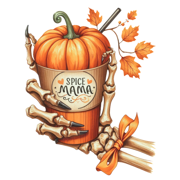 Una ilustración caprichosa que presenta una calabaza vibrante en una maceta con temática de especias, sostenida por manos esqueléticas y adornada con hojas de otoño.