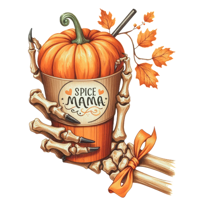 Una ilustración caprichosa que presenta una calabaza vibrante en una maceta con temática de especias, sostenida por manos esqueléticas y adornada con hojas de otoño.