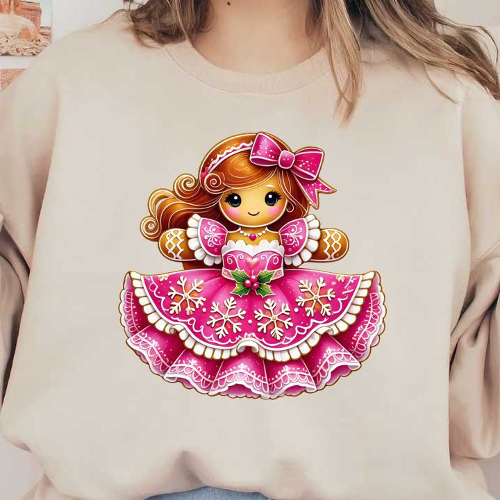 A cute gingerbread girl in a festive pink dress adorned with snowflakes and a bow, perfect for holiday decor.DTF Transfers dtf prints