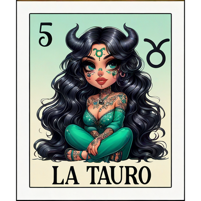 Una ilustración colorida de una mujer con cabello largo y suelto y símbolos de Tauro, que encarna el signo del zodíaco en un atuendo vibrante.