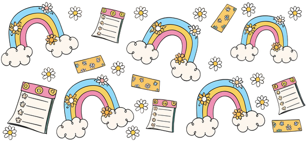 A cheerful design featuring colorful rainbows, fluffy clouds, and playful daisies, perfect for brightening up notes or stationery.UV Transfers dtf prints