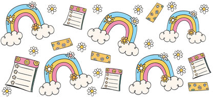 A cheerful design featuring colorful rainbows, fluffy clouds, and playful daisies, perfect for brightening up notes or stationery.UV Transfers dtf prints