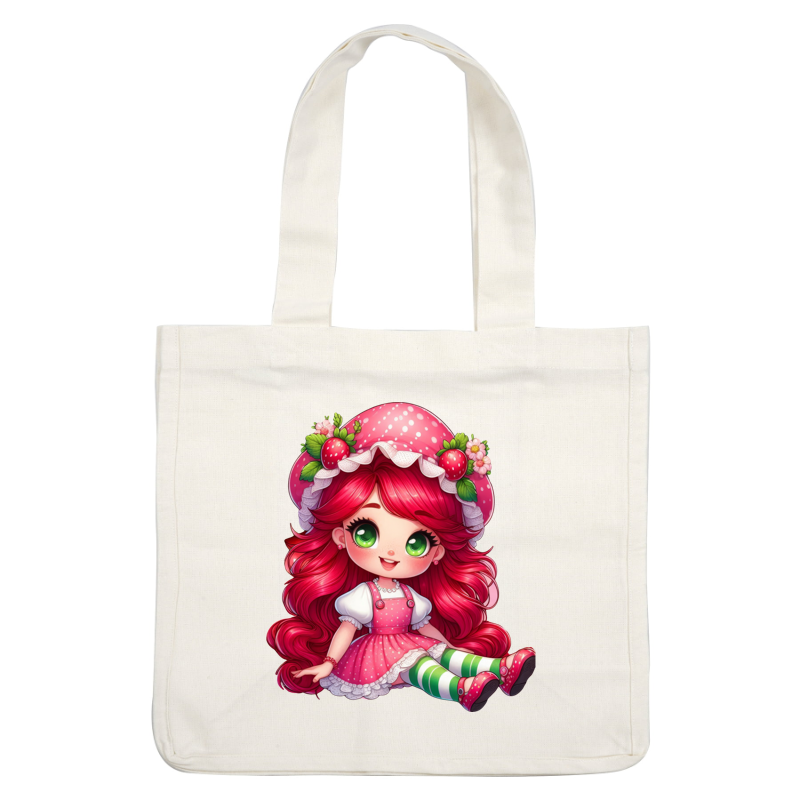 This charming character features vibrant pink hair, a polka-dotted dress, and a whimsical strawberry-themed hat, perfect for any playful theme.DTF Transfers