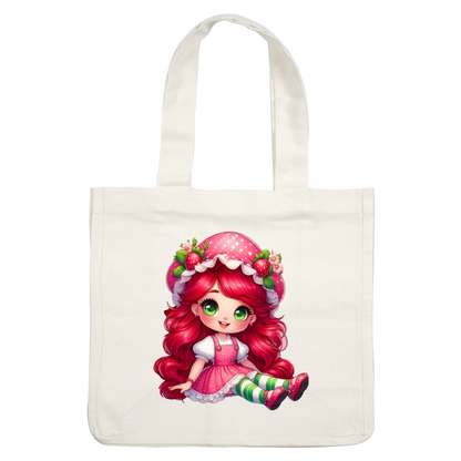 This charming character features vibrant pink hair, a polka-dotted dress, and a whimsical strawberry-themed hat, perfect for any playful theme.DTF Transfers