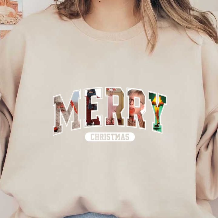 A playful "Merry Christmas" design featuring a collage of festive and humorous images, perfect for holiday celebrations!DTF Transfers heat press transfers