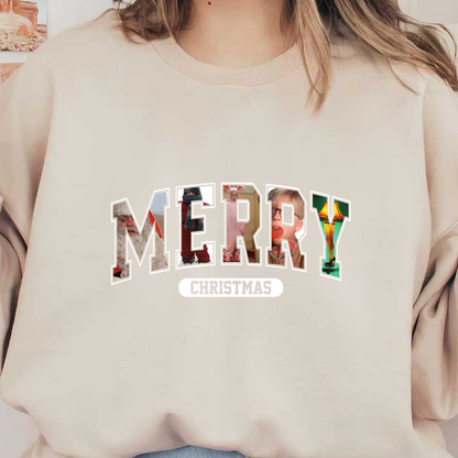 A playful "Merry Christmas" design featuring a collage of festive and humorous images, perfect for holiday celebrations!DTF Transfers heat press transfers