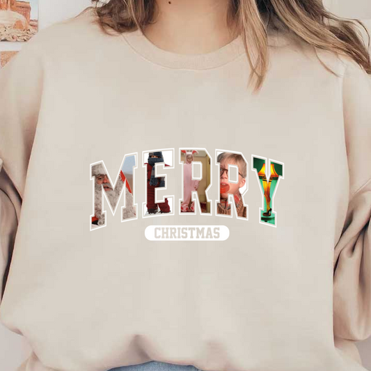 A playful "Merry Christmas" design featuring a collage of festive and humorous images, perfect for holiday celebrations!DTF Transfers heat press transfers