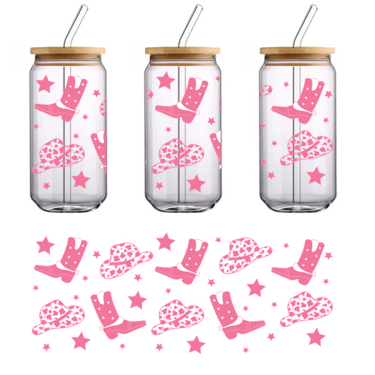 A playful pattern featuring pink cowboy hats and boots adorned with stars, perfect for a fun, western-themed design.UV Transfers dtf prints