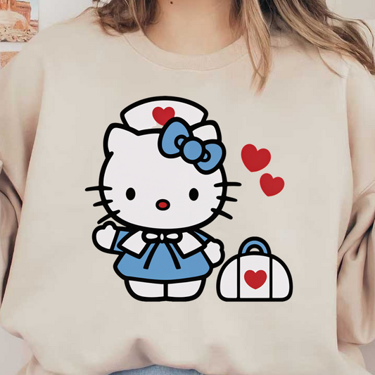 This adorable Hello Kitty character is dressed as a nurse, featuring a blue outfit and a matching bag with a heart.DTF Transfers