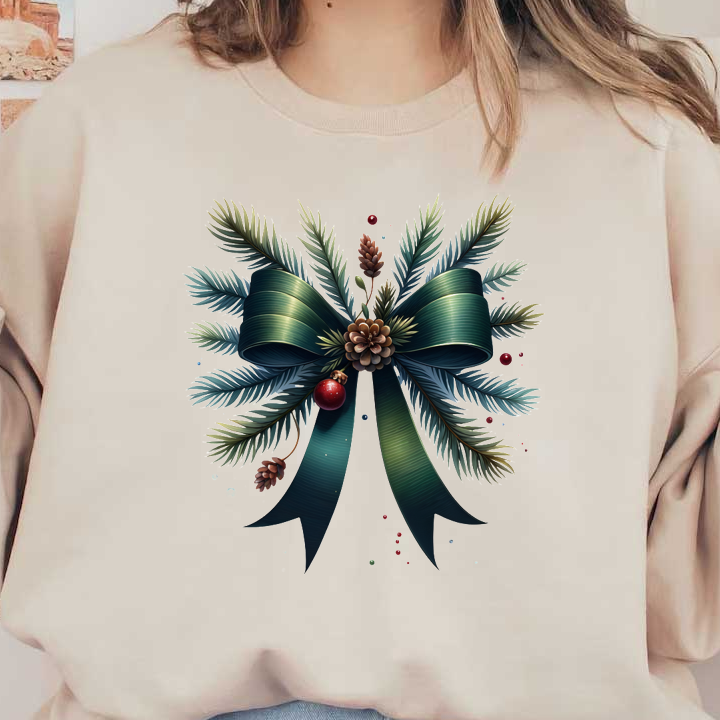 A festive holiday wreath adorned with pine branches, a large green ribbon, a pine cone, and shiny red ornaments. dtf transfers heat press transfers