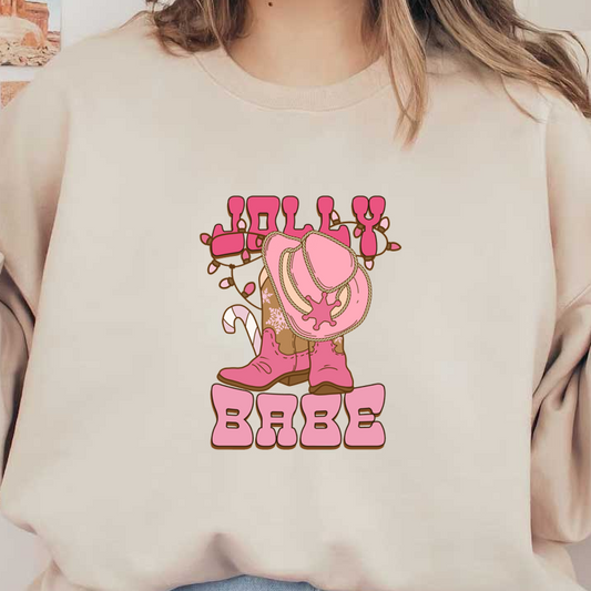 A playful design featuring a pink cowboy hat and boots, with the words "Jolly Babe" in a fun, festive font. dtf prints