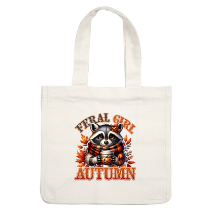 A cute raccoon dressed in a scarf holds a pumpkin coffee cup amidst autumn leaves, with "Feral Girl Autumn" text. heat press transfers