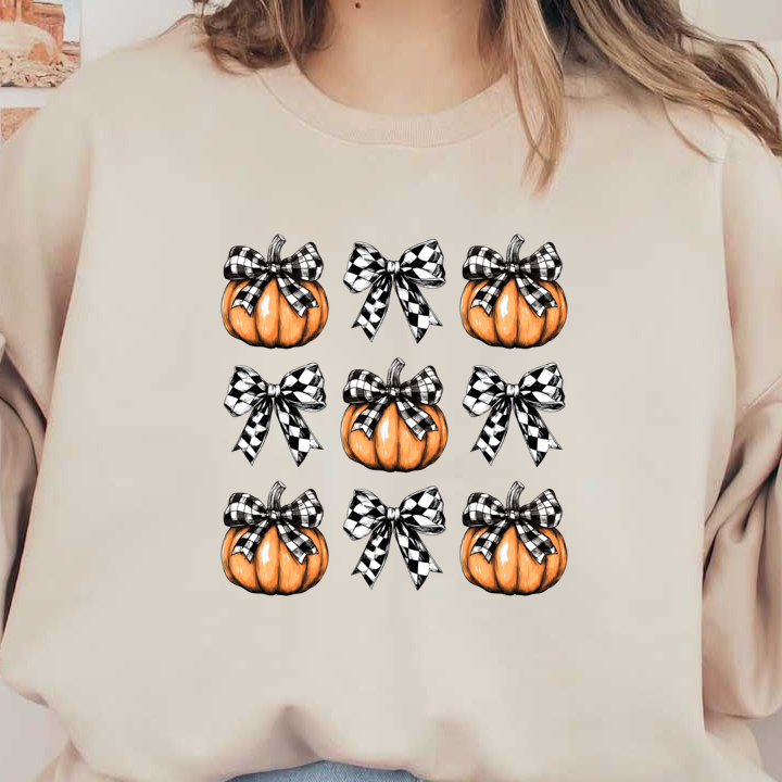 A charming arrangement of nine illustrated pumpkins adorned with black and white checkered bows, perfect for autumn decor. dtf prints