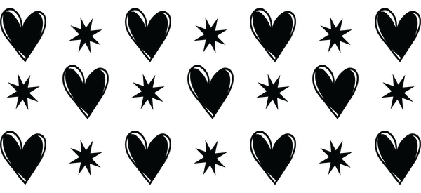 Un patrón divertido que presenta corazones alternados y formas de estrellas en un diseño negro minimalista, perfecto para una estética alegre. Transferencias UV
