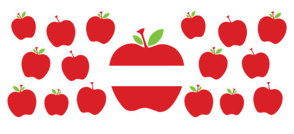 A vibrant collection of red apples featuring a central, stylized apple with green leaves, perfect for a fruity design!UV Transfersdtf regular iron