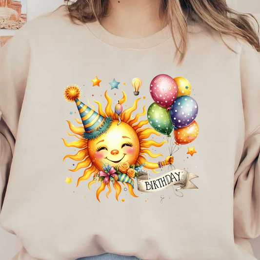 Celebrate with this colorful birthday-themed illustration featuring a cheerful sun, vibrant balloons, and festive elements for a joyful occasion!DTF Transfers