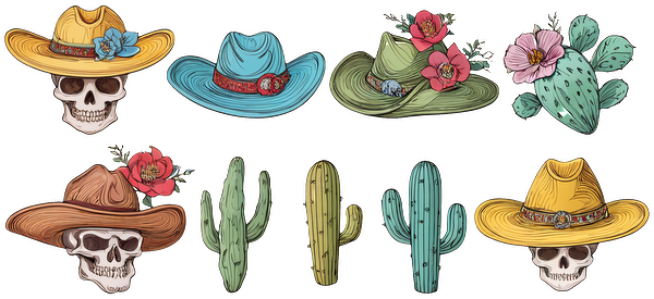 A vibrant collection of illustrated sombreros, cacti, and decorated skulls, capturing a lively, festive Mexican tradition.UV Transfers dtf prints