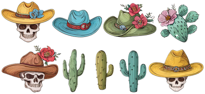 A vibrant collection of illustrated sombreros, cacti, and decorated skulls, capturing a lively, festive Mexican tradition.UV Transfers dtf prints