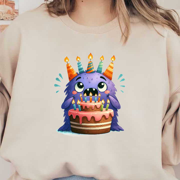 A cute purple monster joyfully celebrates with a festive birthday cake, adorned with colorful candles and party hats.DTF Transfers
