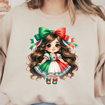 Una encantadora niña con un vibrante vestido tradicional de colores verde, blanco y rojo, adornado con lazos y accesorios festivos.