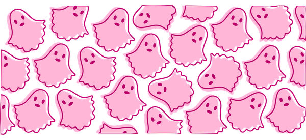 A fun and playful pattern featuring cute pink ghosts with friendly expressions, perfect for Halloween-themed designs or decorations.UV Transfers heat press transfers dtf prints