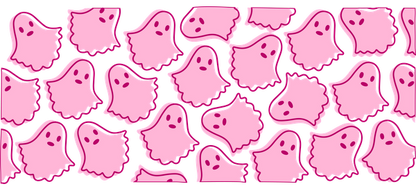 A fun and playful pattern featuring cute pink ghosts with friendly expressions, perfect for Halloween-themed designs or decorations.UV Transfers heat press transfers dtf prints