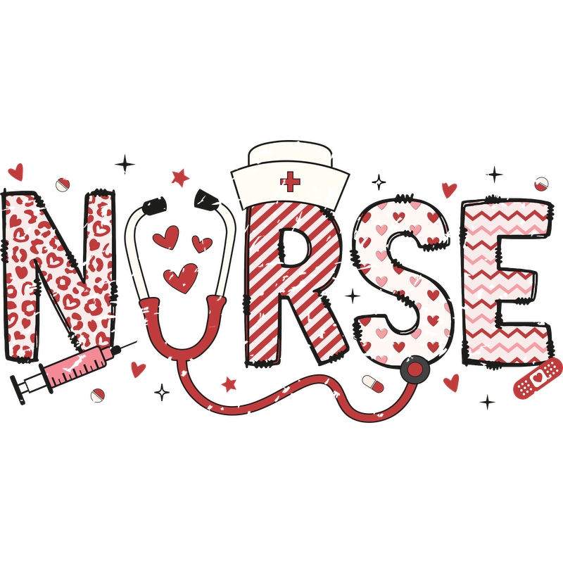 A fun and colorful design spelling "NURSE" with playful patterns, a stethoscope, and various heart motifs, celebrating the nursing profession.DTF Transfers