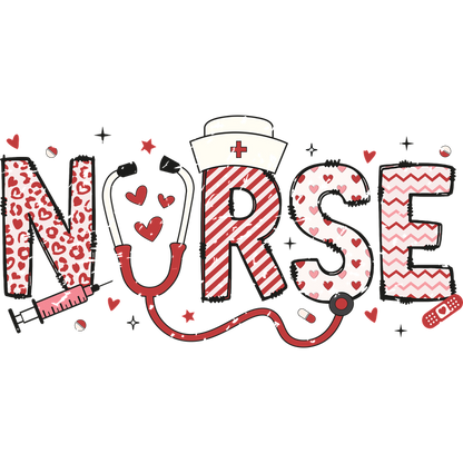 A fun and colorful design spelling "NURSE" with playful patterns, a stethoscope, and various heart motifs, celebrating the nursing profession.DTF Transfers