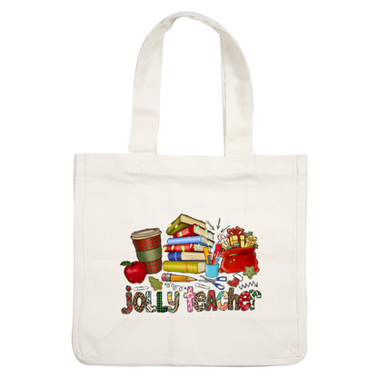 A festive illustration featuring a stack of colorful books, a coffee cup, school supplies, and holiday elements, labeled "jolly teacher."DTF Transfersdtf regular iron dtf transfers