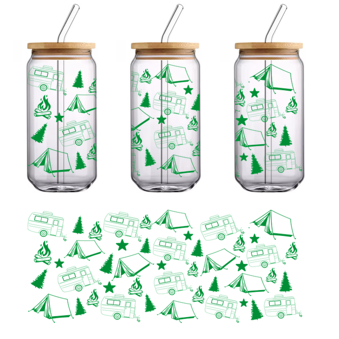 A whimsical pattern featuring green outlines of campers, tents, trees, and stars, perfect for outdoor enthusiasts and nature lovers.UV Transfers heat press transfers