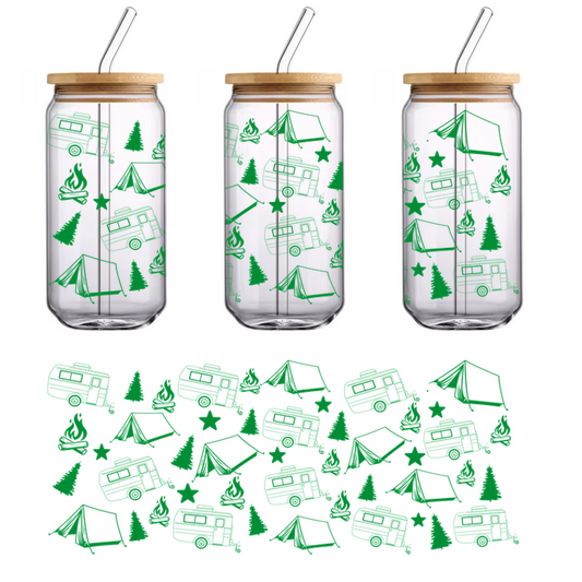A whimsical pattern featuring green outlines of campers, tents, trees, and stars, perfect for outdoor enthusiasts and nature lovers.UV Transfers heat press transfers