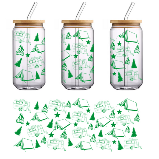 Enjoy a whimsical camping-themed pattern featuring green illustrations of trailers, tents, and trees, perfect for nature lovers!UV Transfers heat press transfers