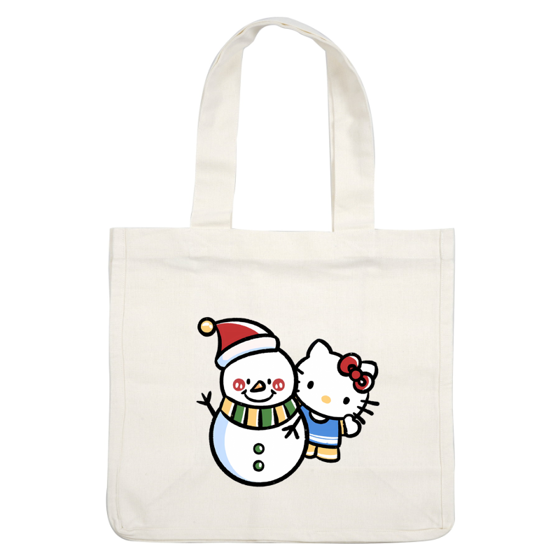 Hello Kitty joyfully poses with a cheerful snowman, both embracing the festive spirit with colorful accessories and warm smiles.DTF Transfers