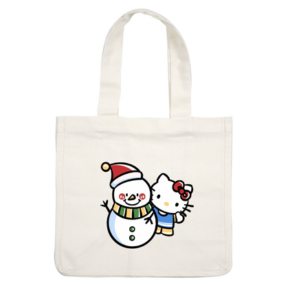 Hello Kitty joyfully poses with a cheerful snowman, both embracing the festive spirit with colorful accessories and warm smiles.DTF Transfers