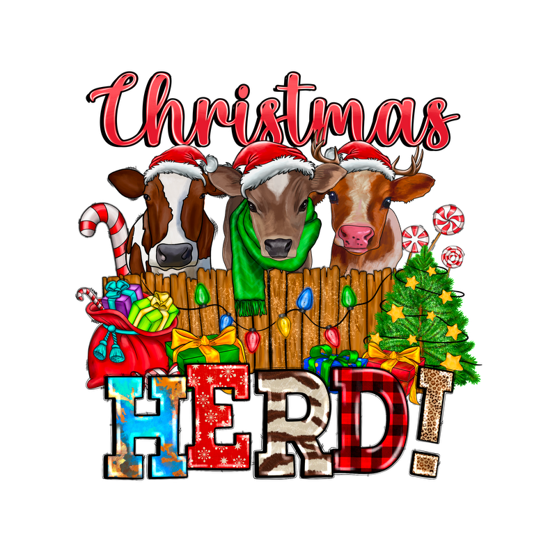 Celebrate the holidays with this festive design featuring cute cows in Santa hats, surrounded by gifts, a tree, and cheerful decorations!DTF Transfersdtf regular irondtf regular iron