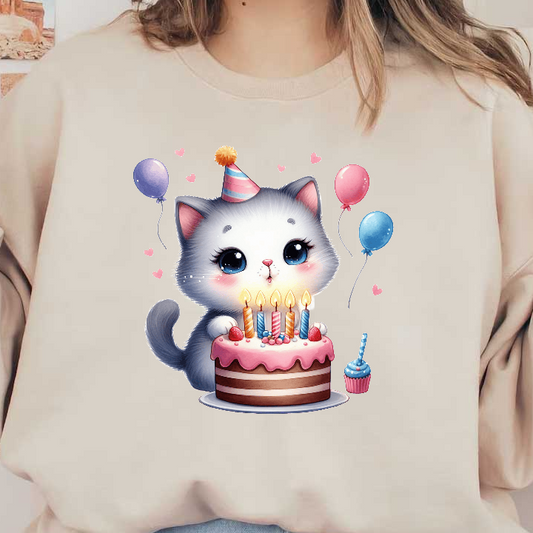 A cute gray kitten celebrates with a colorful birthday cake topped with candles, surrounded by balloons and a cupcake!DTF Transfers