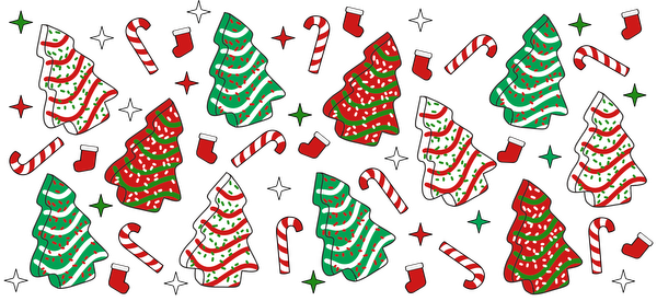 A festive pattern featuring colorful Christmas trees, candy canes, and stockings in vibrant red, green, and white.UV Transfersdtf regular iron