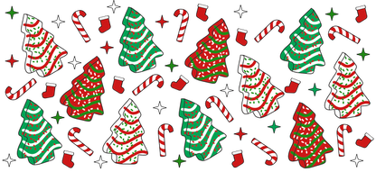 A festive pattern featuring colorful Christmas trees, candy canes, and stockings in vibrant red, green, and white.UV Transfersdtf regular iron