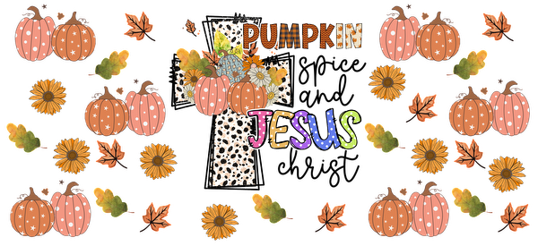 A vibrant fall-themed design featuring pumpkins, flowers, and leaves, with the playful text "Pumpkin Jesus" prominently displayed.UV Transfers heat press transfers