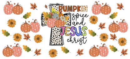 A vibrant fall-themed design featuring pumpkins, flowers, and leaves, with the playful text "Pumpkin Jesus" prominently displayed.UV Transfers heat press transfers