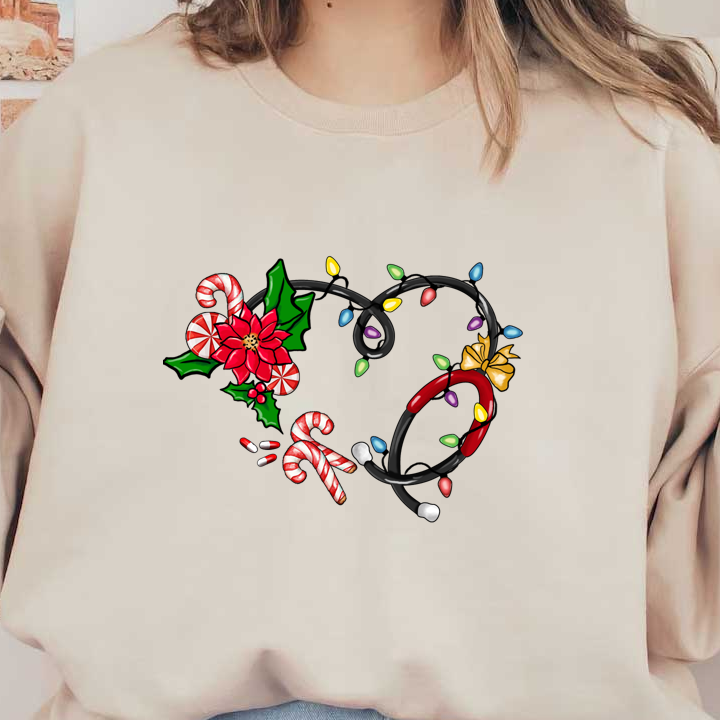 A festive heart design featuring colorful Christmas lights, candy canes, and a poinsettia, perfect for holiday cheer!DTF Transfers