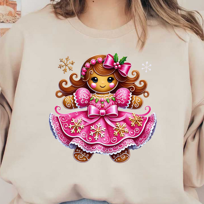 A delightful gingerbread girl in a pink dress adorned with snowflakes, complete with a bow and festive decorations.DTF Transfers dtf transfers