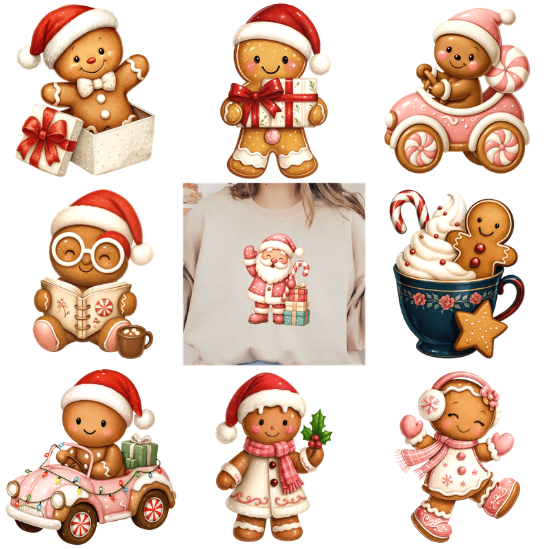 A delightful collection of festive gingerbread characters celebrating the holiday spirit!DTF Transfers